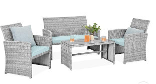 4-Piece Outdoor Wicker Patio Furniture Set with Cushions, Full Wicker Conversation Set, Gradient Brown Wicker with Grey Cushions