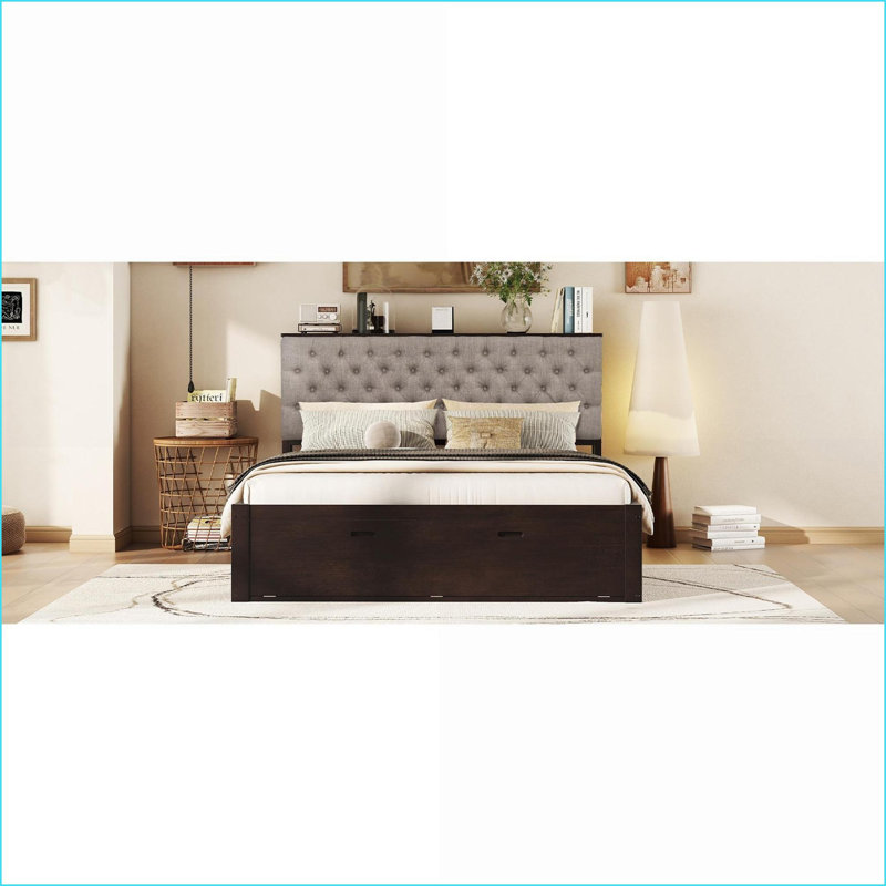 Grand lit plateforme en bois de pin avec tablettes de tête de lit, 4 tiroirs et amp; Range-chaussures - aucun sommier nécessaire, espresso pour la chambre principale