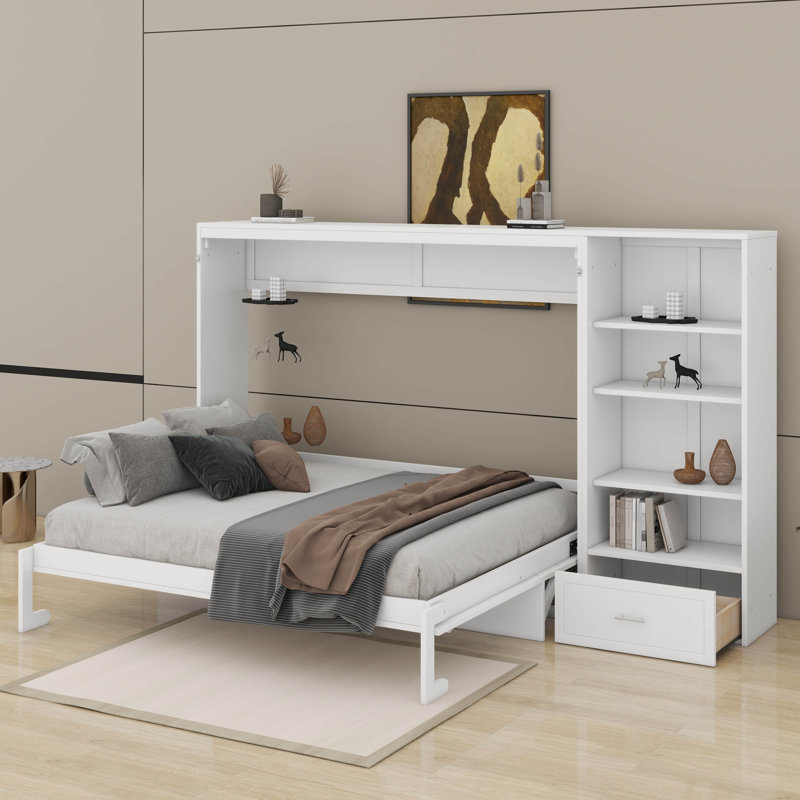 Grand lit escamotable avec compartiments de rangement et tablettes réglables en hauteur, lit escamotable avec tiroir