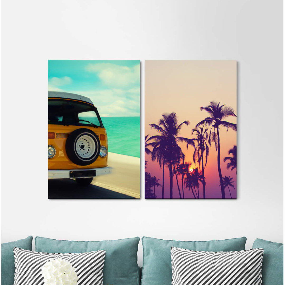 2-tlg. Leinwandbilder-Set - Grafikdruck „Palm Trees California Bus Summer Surfing Dream Vacation Travel”