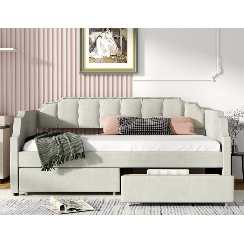 Reetal Twin Size Upholstered Daybed With Drawers, Beige