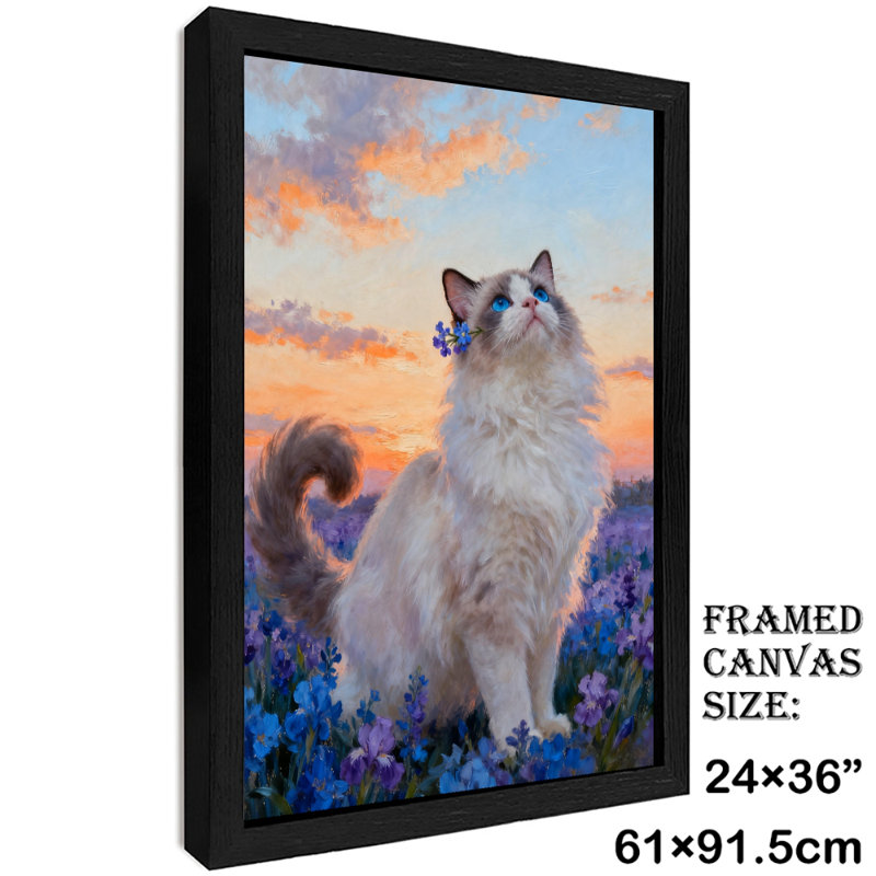 Art mural rétro noir marionnette avec chat et champ d'iris, impressions de style rétro, H 37 po x l 25 po