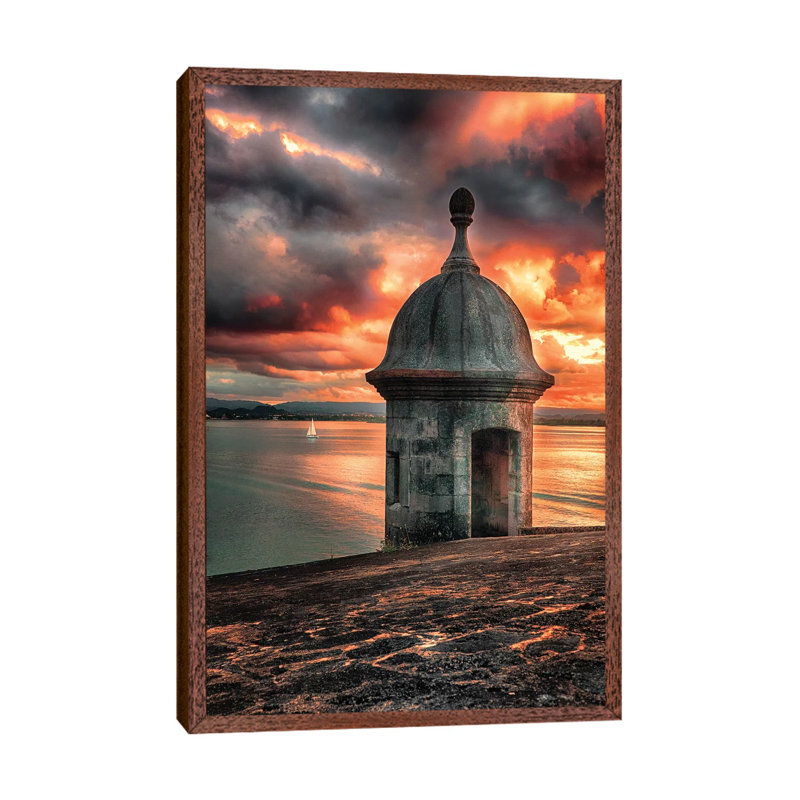 San Juan Bay Sunset With A Sentry Post by George Oze - Print on Canvas, Classic Brown Wood Framed Canvas