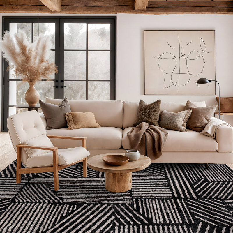 Rambo Geometric Black/Ivory Area Rug, Rectangle 7'10" x 10', Black