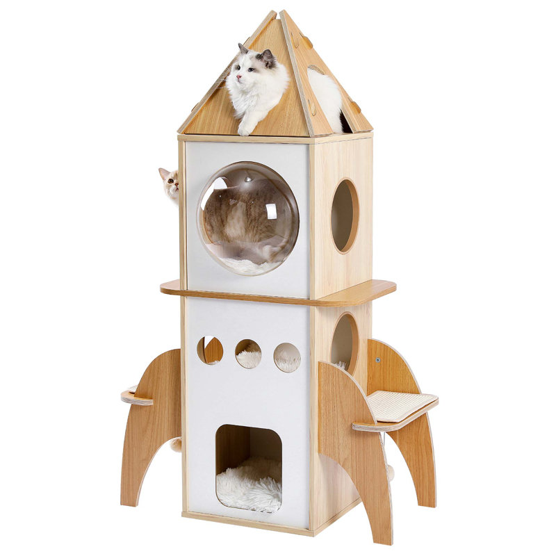 54'' Natural and White Wood Rocket Cat Tower with Condos