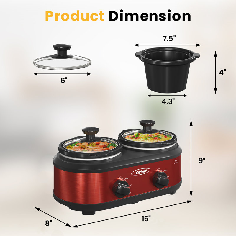 Sunvivi Dual Pot Slow Cooker, 2 x 1.25 Qt, Red