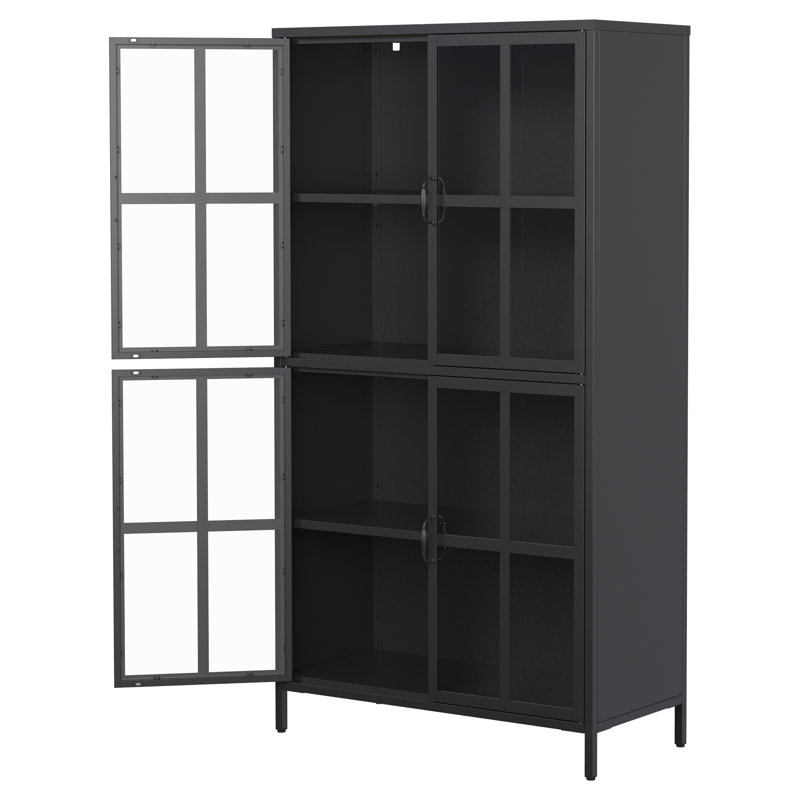 Armoire de rangement en métal, vitrine avec portes en verre trempé et tablettes réglables