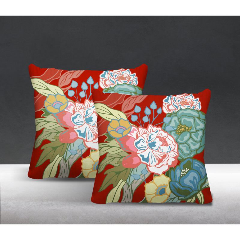 Floral Outdoor Reversible Throw Pillow, 15W" x 15H", Red/Green/Blue