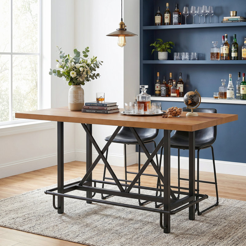 Counter Height Bar Table, 62.99" Long Pub Bar Table With Metal Footrest For Dining Kitchen Breakfast, Light Oak