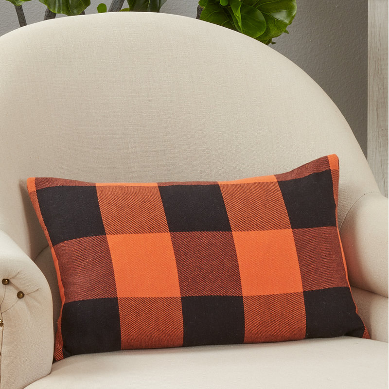 Orange and Black Buffalo Plaid Cotton Throw Pillow