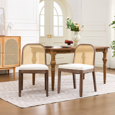 Ensemble de 2 chaises de salle à manger courbées arquées à dossier en canne, chaises d'appoint de style campagne Mid-Century, structure en bois massif patiné, coussin en chenille avec ressort en S et éponge, chaises d'appoint sans accoudoirs