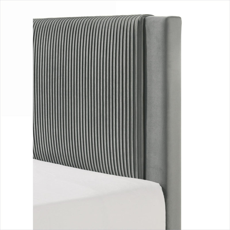 Lit plateforme tapissier en bois massif, mobilier de chambre contemporain, grand lit gris ardoise avec structure à profil bas
