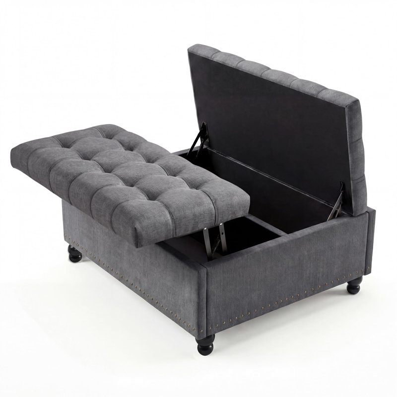 Grand repose-pieds de rangement carré de 36 po avec plateau relevable, banc de table basse rembourré capitonné de 300 lb avec pieds en bois d'étude, boîte de rangement multifonctionnelle pour repose-pieds pour le salon et la chambre à coucher (gris)