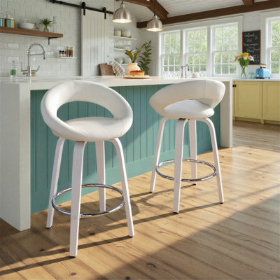 Tabouret de comptoir à hauteur fixe avec pivot en bois blanc et similicuir avec repose-pieds rond chromé - ensemble de 2