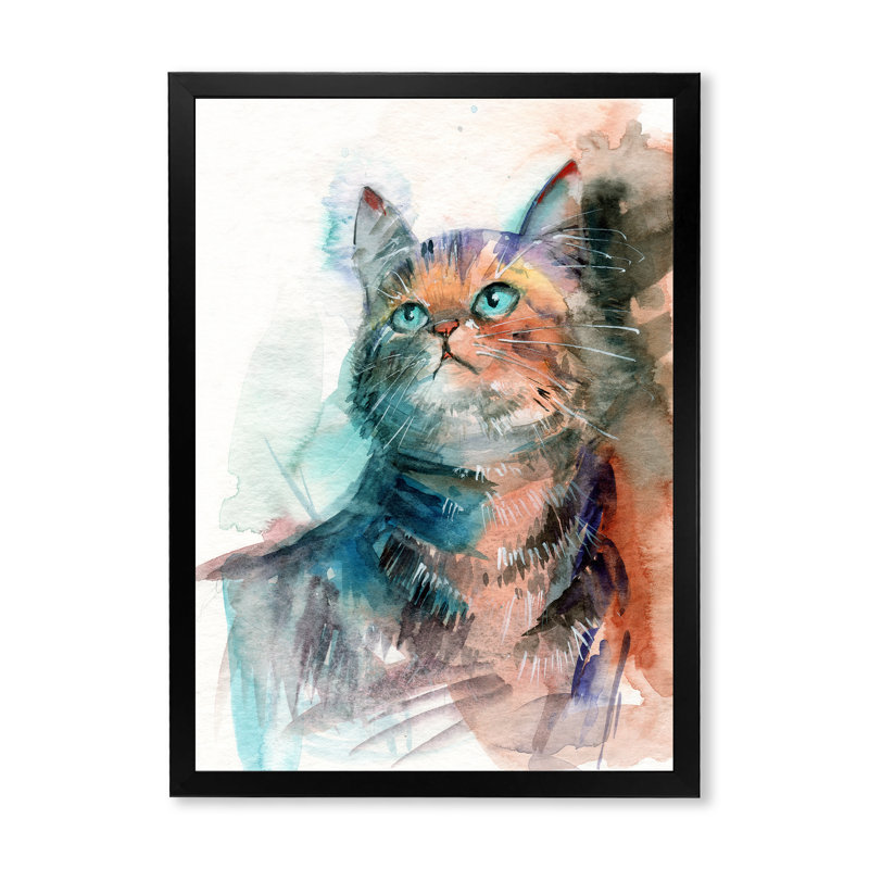 Petit chat gris aux yeux bleus - reproduction sur toile, H 32 po x l 16 po, Cadre d'angle fermé noir