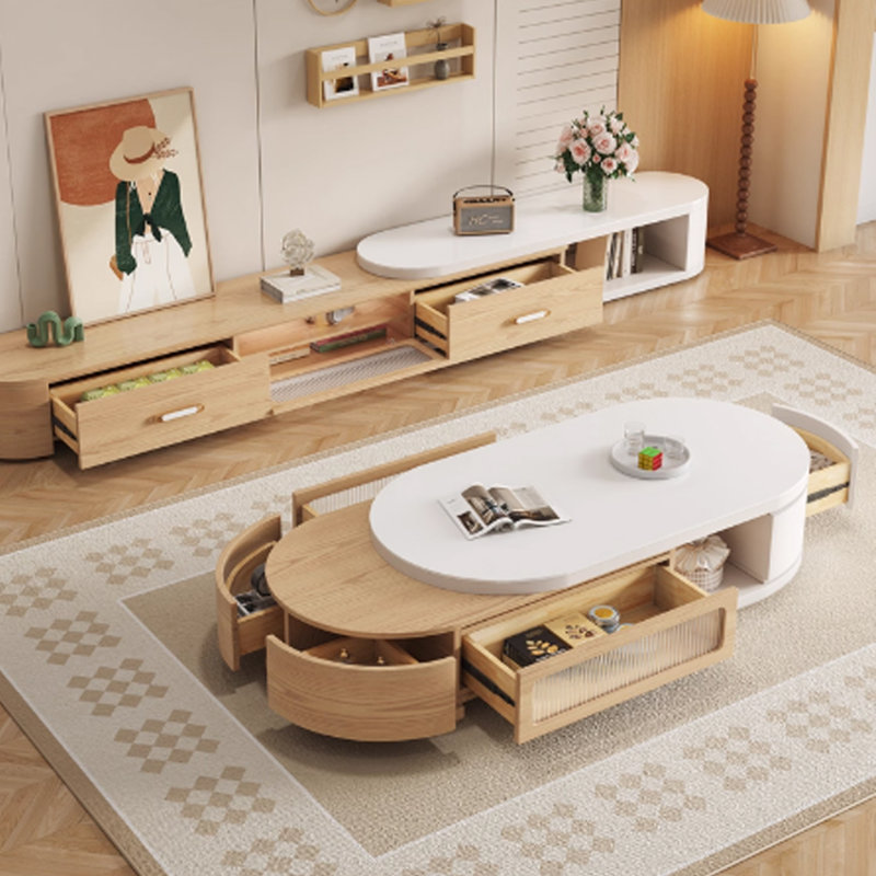 Table basse ovale télescopique en bois naturel