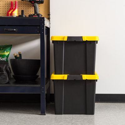 IRIS 80 Qt./20 Gal. Heavy-duty Stackable Storage Tote in Black with Yellow Lid
