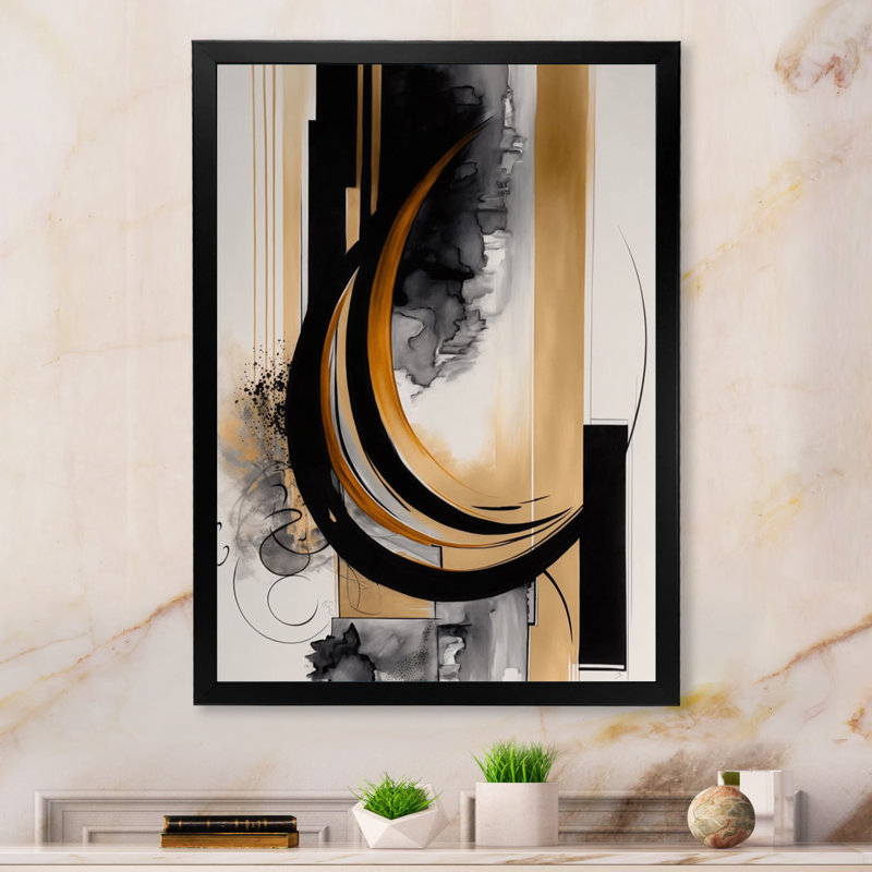 Gold Touch Art Deco II - Art mural abstrait, Impression noire sur toile encadrée, H 32 po x l 16 po x P 1 po