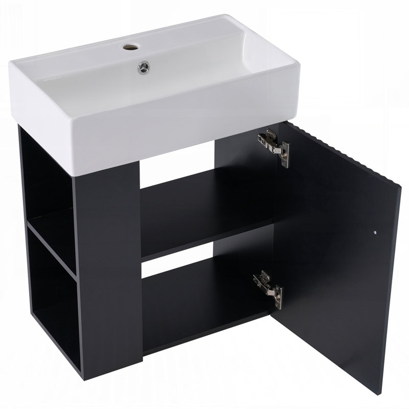 Meuble-lavabo flottant contemporain à motif de vagues avec lavabo en céramique et base gauche, Noir