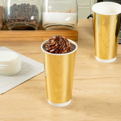 Restaurantware Paper Cups 25 Pack of 20 oz Metallic Gold Aluminum Foil Coffee Cups Disposable Stylish Freezer-Ready Beverage Drinking Stackable Hot and Cold Durable Tumblers for Parties