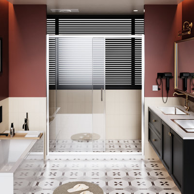 Porte de douche coulissante simple de l 60 po x H 72 po avec verre trempé épais de 1/5 po, cadre en aluminium, largeur réglable et alliage de verre transparent étanche, installation réversible,