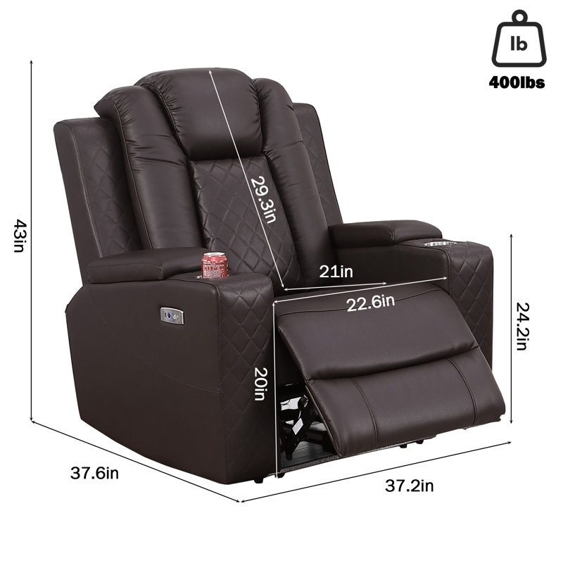 Tiertza  Leather Power Recliner Chair With Hidden Storage, LED Light, Cup Holder, Brown