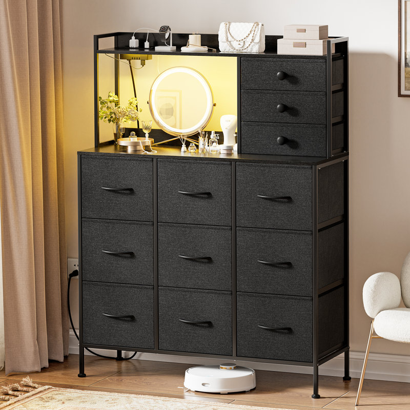 Commode haute 12 tiroirs avec lumières DEL Cheo H 53,15 po, Noir, noir, noir, noir