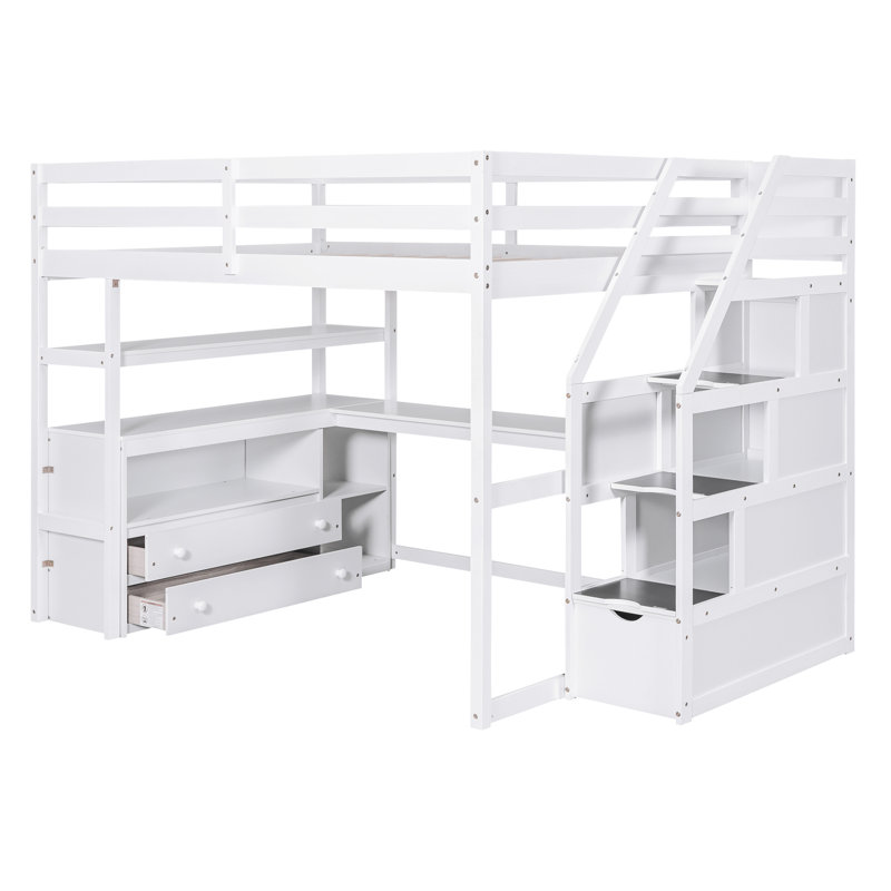 Loft Bed With Desk,Shelves,Two Built-In Drawers And Storage Staircase, White, Full