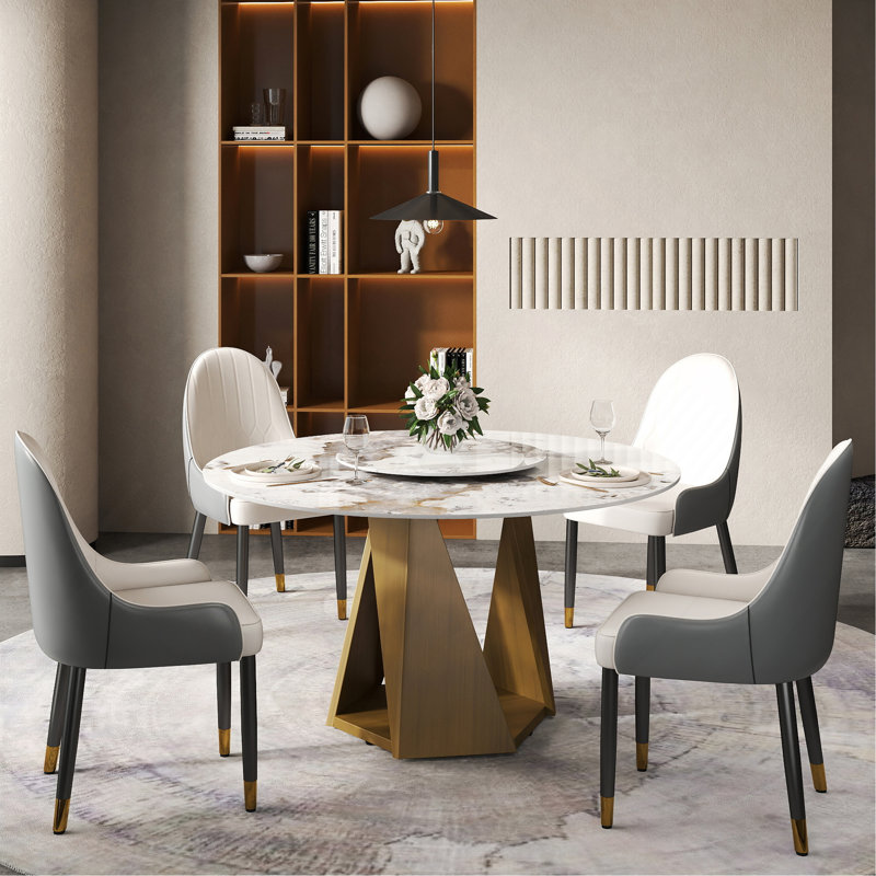 Table de salle à manger ronde en marbre de 53 po avec base en métal et bronze artificiel pour 6 personnes, table tournante en pierre artificielle blanche de 23,62 po (seulement table de salle à manger + plateau tournant + base)