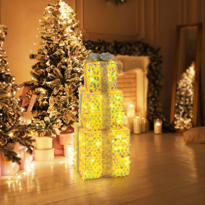3 Pcs Christmas Lighted Gift Boxes With 90 Led Lights Zip Ties Ground Stakes 