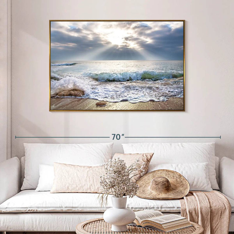 Océan au lever du soleil, 46 po x 31 po, Cadre flottant doré