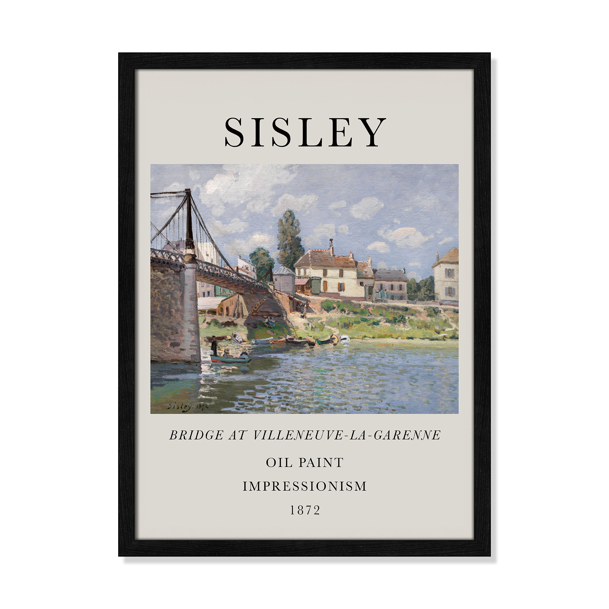 Old Masters Collection " The Bridge At Villeneuve " by Alfred Sisley, Black Single Picture Frame, No, 23" H x 17" W x 0.75" D