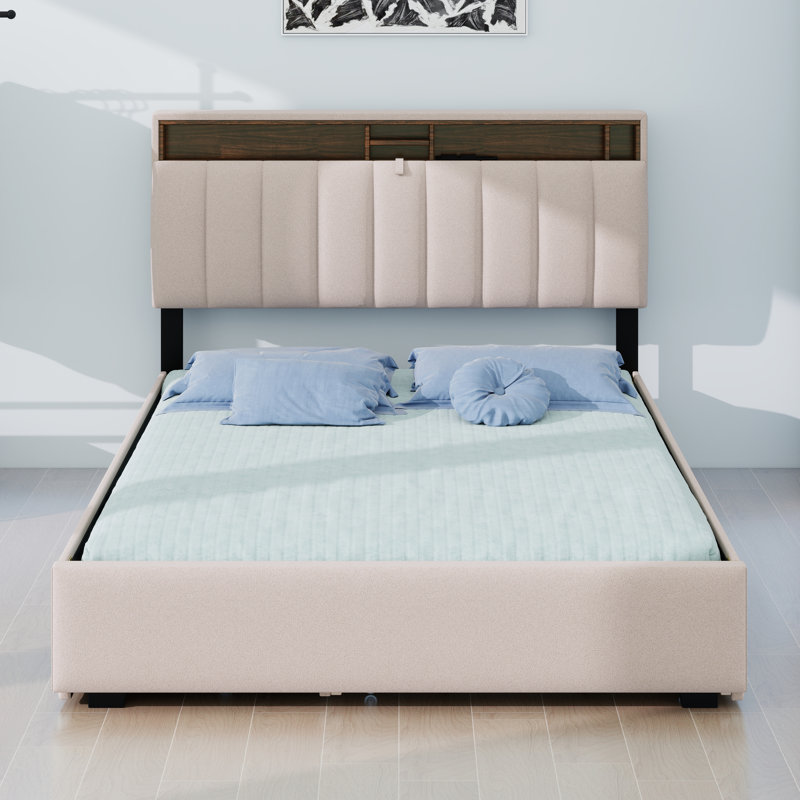 Lit plateforme en lin peu encombrant avec lit gigogne, tête de lit et tiroirs doubles, Beige, Grand lit