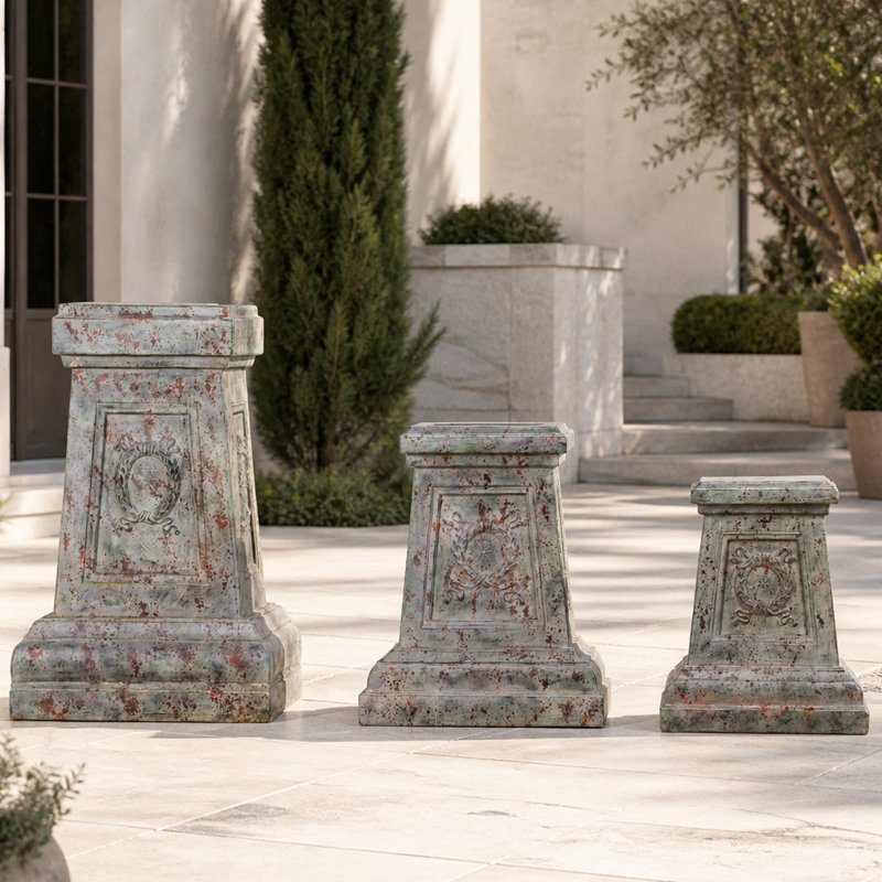 Ensemble de 3 socles de jardin vert patiné, statue décorative en oxyde de magnésium et bases de plantes, utilisation intérieure / extérieure