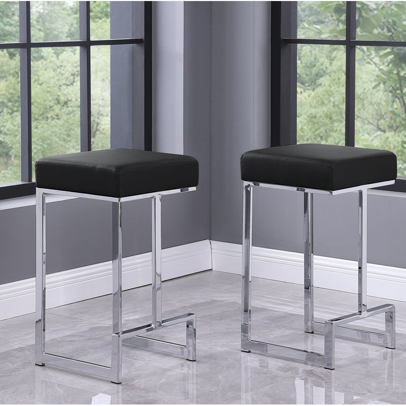 Jochebed Upholstered Counter Stool with Metal Frame, Counter Stool (25” Seat Height), Silver, Black