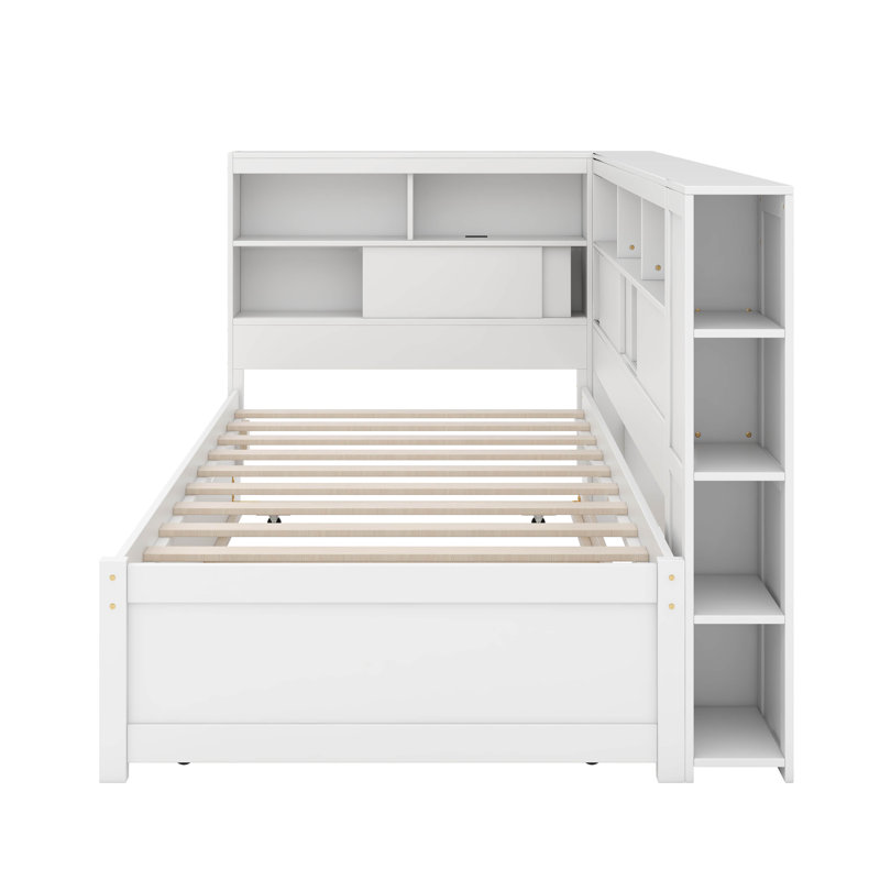 Lit de jour simple en bois avec tablettes, USB et lit gigogne, Blanc