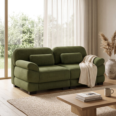 Green 2-Seater Modular Sofa in Wide-Ribbed Corduroy with Deep Seats and Pillow Backs