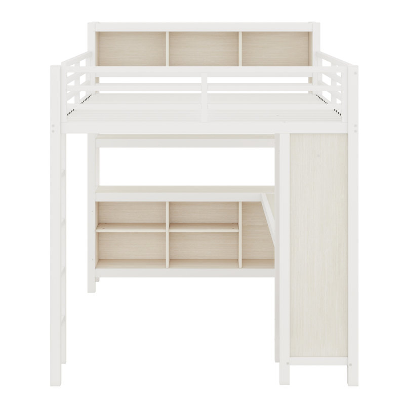 Lit mezzanine avec garde-robe intégré, bureau en L, rangement et étagères, Blanc