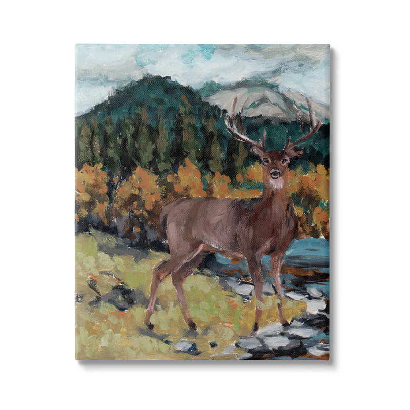 «Deer Wildlife River» par Melissa Wang - peinture sur toile tendue, H 20 po x l 16 po x P 1,5 po