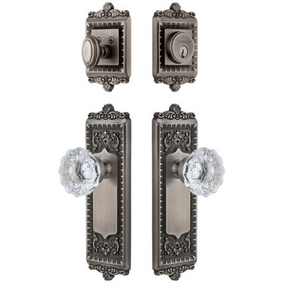 Grandeur Windsor Long Plate Entry Set with Fontainebleau Crystal Knob in Antique Pewter