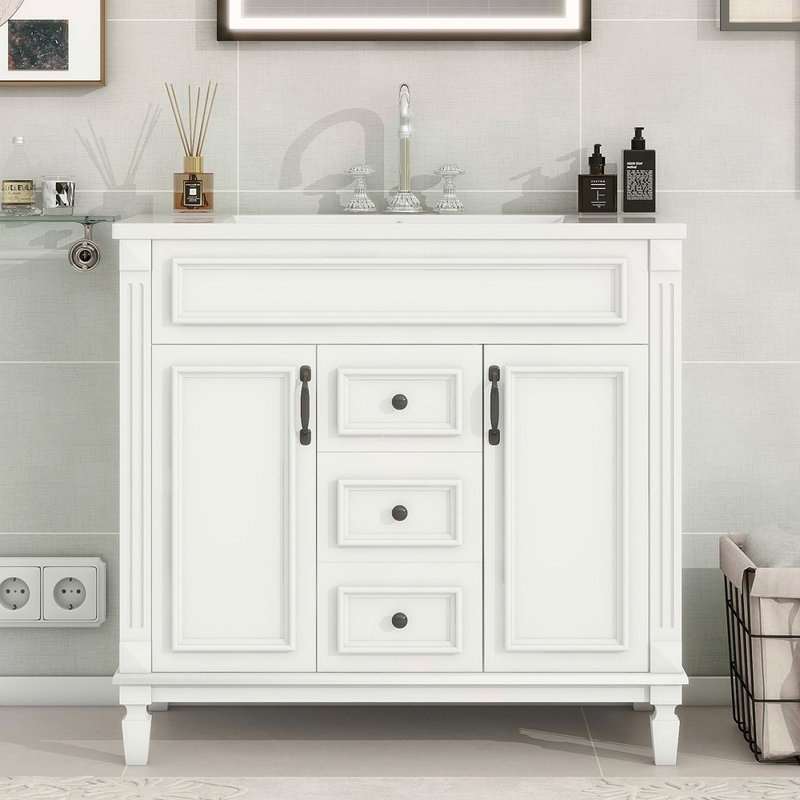 Meuble-lavabo 36 po avec lavabo supérieur, armoire de rangement moderne avec 2 portes à fermeture douce et 2 tiroirs, meuble-lavabo simple