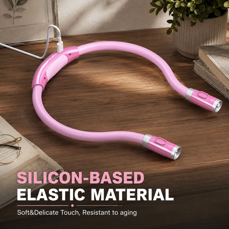 Lampe de lecture mains libres à porter autour du cou, avec bras flexibles à 360°, 3 couleurs et 6 niveaux de luminosité, offrant 80 heures d'autonomie grâce à sa batterie rechargeable, idéale pour la lecture, le tricot, le camping et les réparations.