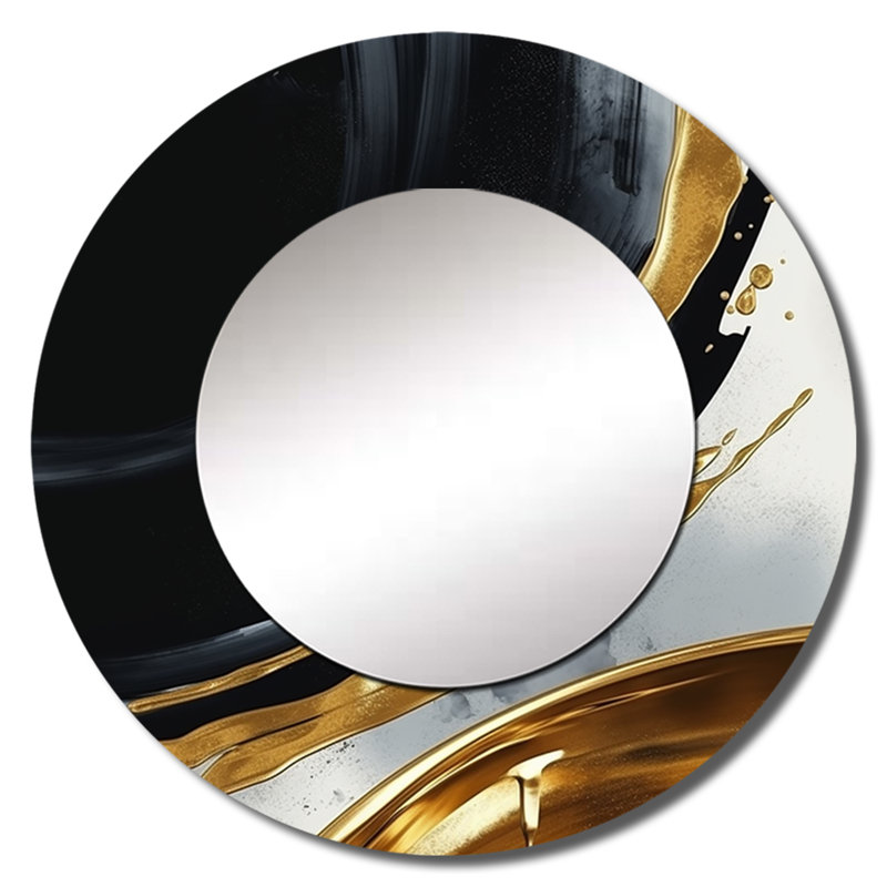 Raghib noir or abstrait formes marbre I - miroir en marbre, miroir mural rond unique moderne, art imprimé en métal