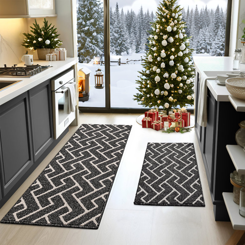 Ensemble de 2 tapis de cuisine géométriques modernes, antidérapants et lavables à la machine, Rectangle 20'' W x 48'' L, Noir