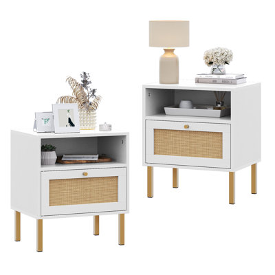 Aimara Rattan Nightstand Set 2, Bedside Table with Open Shelf and Door, Boho End Table by Bay Isle Home
