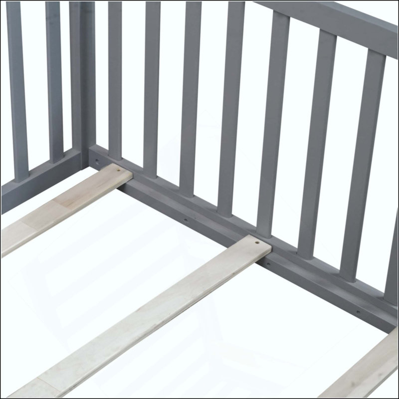 Lit de plancher avec garde-corps haute, 6 lattes incluses, lit de plancher en bois d'hévéa avec garde-corps de sécurité, sans porte