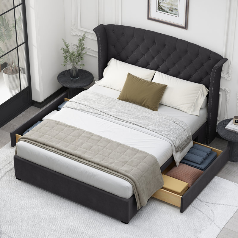 57" Velvet Button Tufted Wingback Full Bed Frame with Storage Drawers, No Box Spring Needed, Black, Full, Black