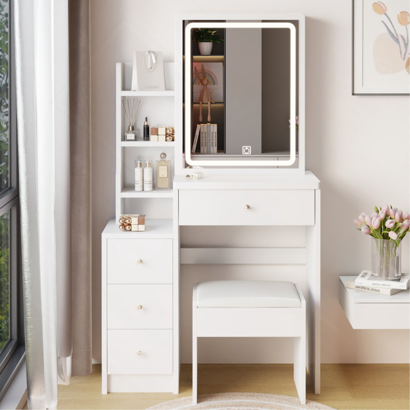 Compact And Versatile Vanity Table Set With Advanced LED Mirror And Spacious Storage, White