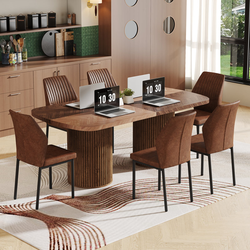 78.7" Large Farmhouse Kitchen Dinning Table Set Double Robust Pedestal, Brown Wood/Natural Wood, Brown