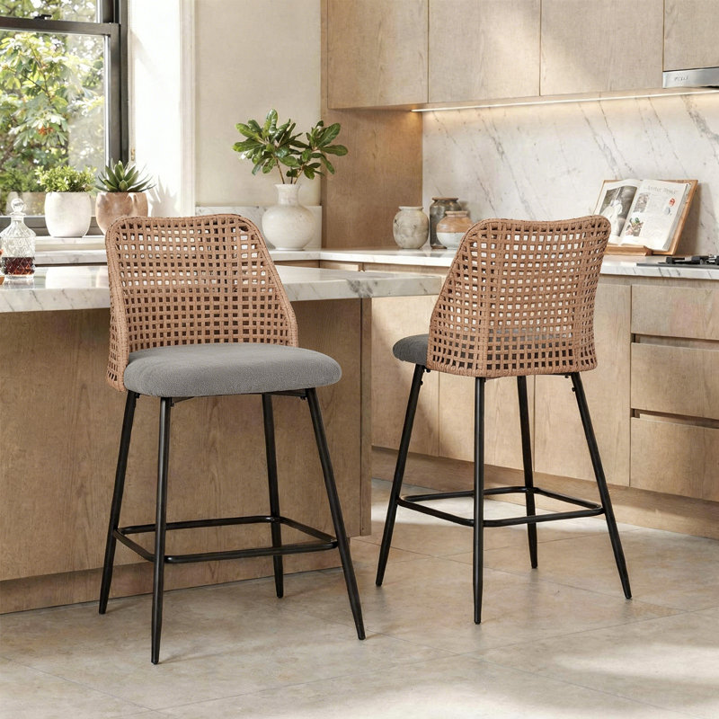 2 tabourets de bar rembourrés en tissu avec dossier plein, Gris clair